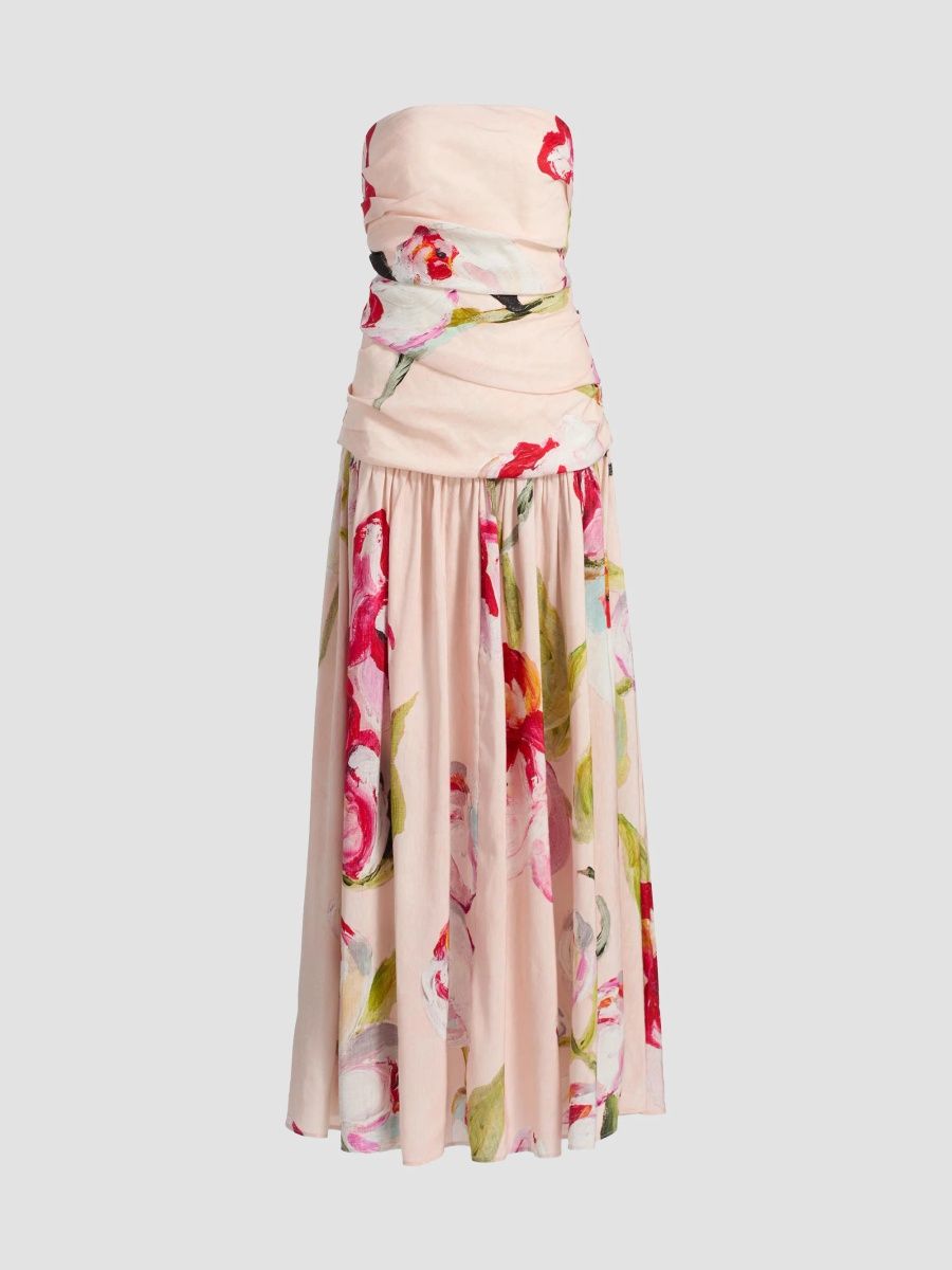 Acler Women's Nershall Watercolor Pintucked Strapless Maxi Dress - Cherry Medley - Size 12