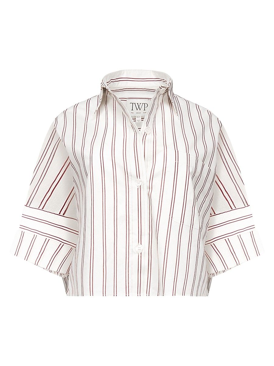 Women's Next Ex Striped Cotton-Blend Crop Shirt - White Wine - Size XS