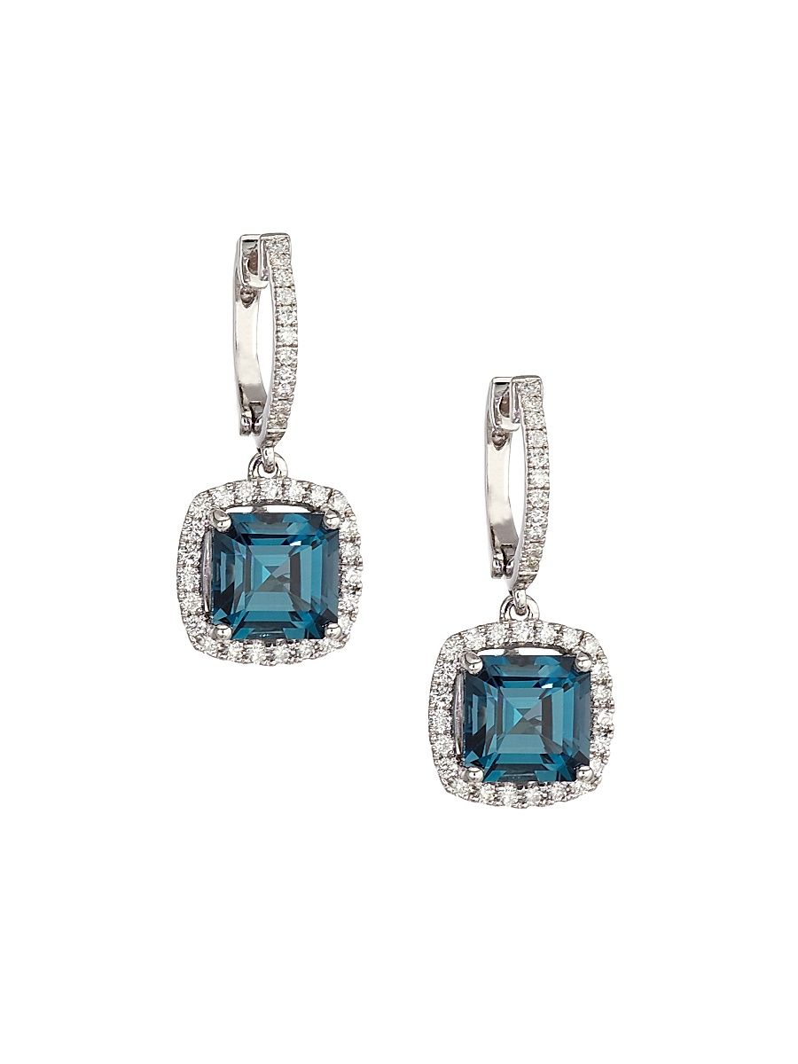 Women's 14K White Gold, London Blue Topaz & Diamond Cushion Drop Earrings - Blue Topaz