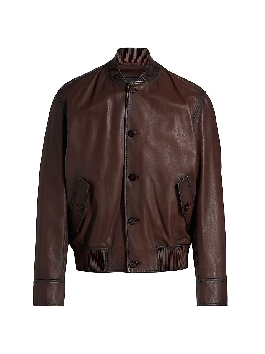 Men's Leather Button-Front Bomber Jacket - Chestnut - Size 42