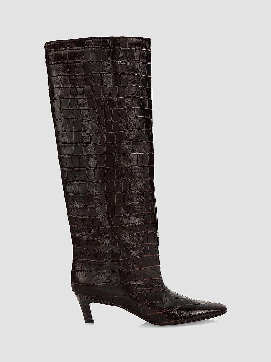 Women's The Wide Calf Croc-Embossed Leather Boots - Dark Brown - Size 6
