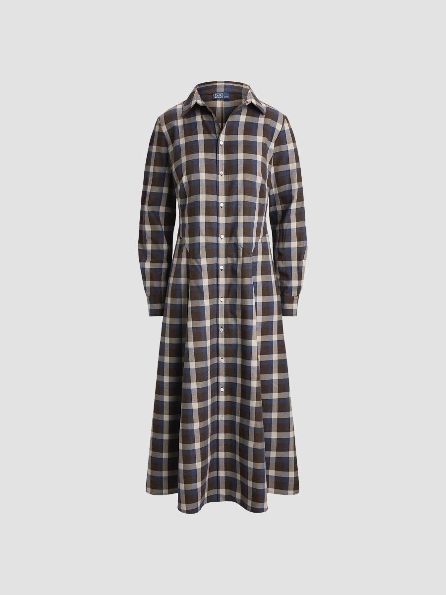 Polo Ralph Lauren Women's Plaid Cotton Twill A-Line Midi-Shirtdress - Brown - Size 8