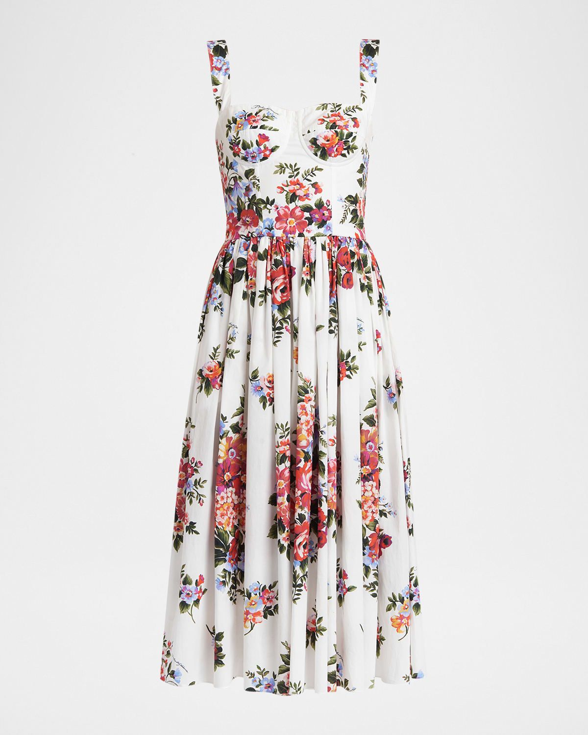 Floral-Print Sleeveless Bustier Midi Dress
