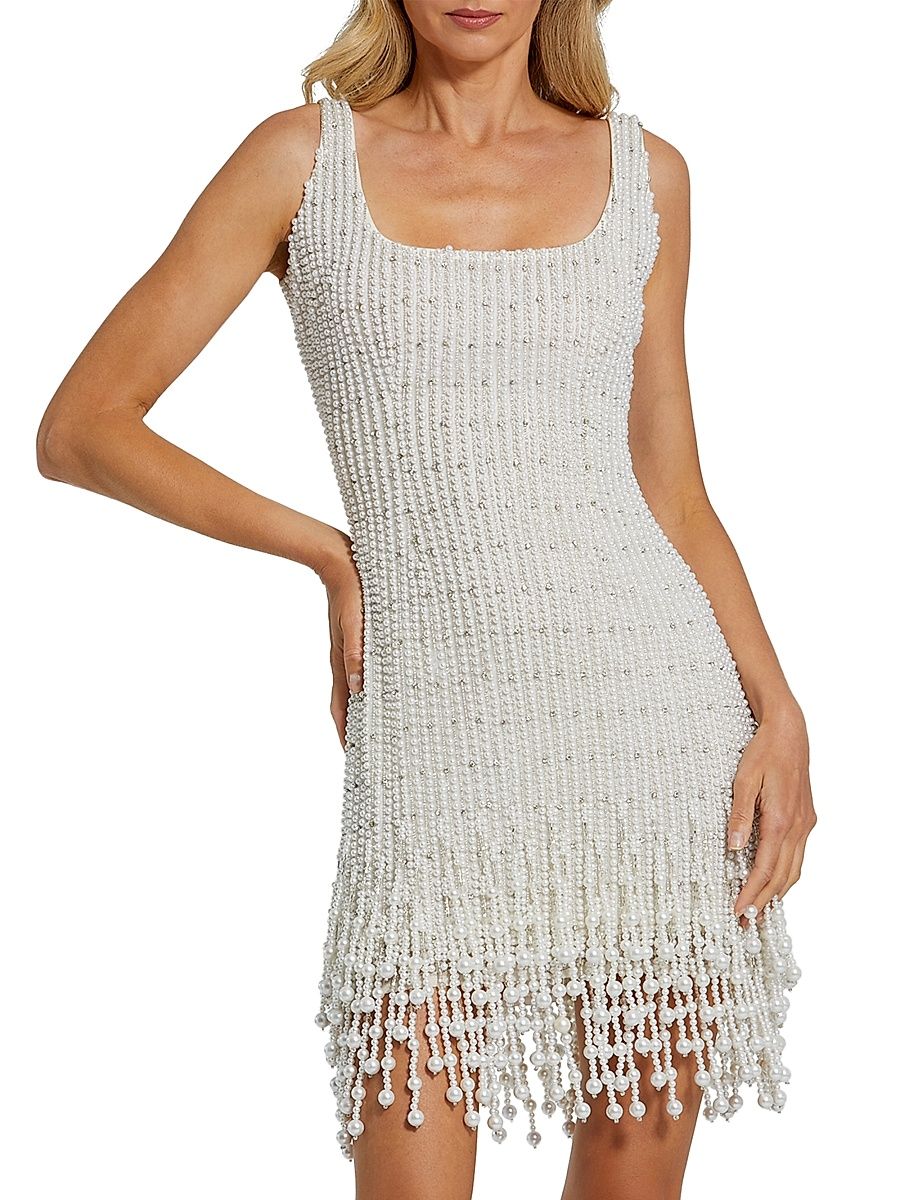Women's Imitation Pearl-Embellished Beaded Minidress - Ivory - Size 10
