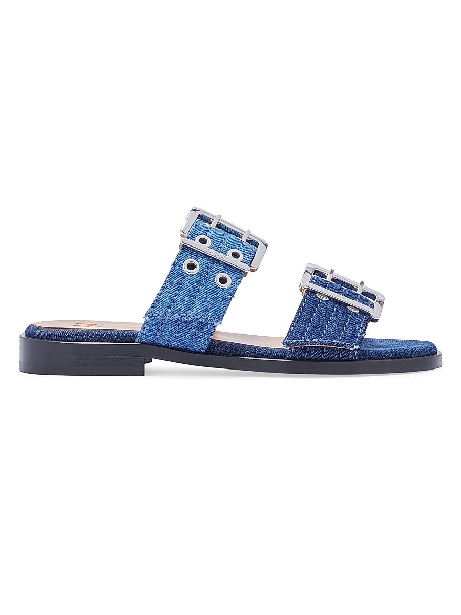 Women's Feminine Buckle-Strap Denim Sandals - Mid Blue Vintage - Size 11