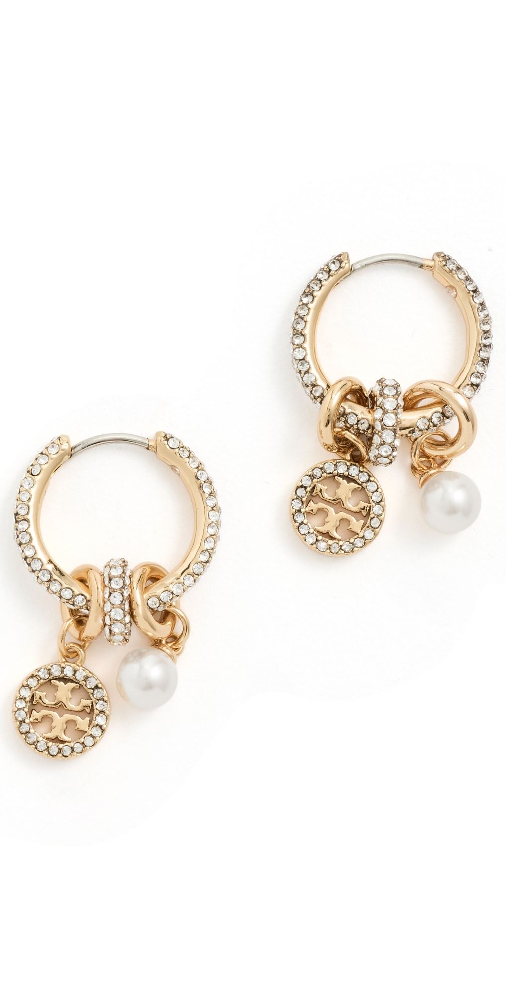 Tory Burch Miller Pave Charm Hoop Earrings Tory Gold/Crystal/Pearl One Size