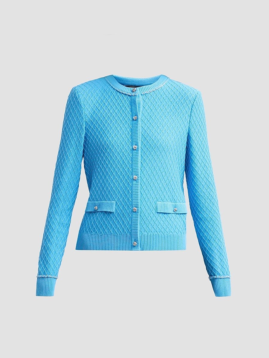 Ming Wang Women's Diamond Rib-Knit Chain-Trim Cardigan - Tranquil Blue - Size XL