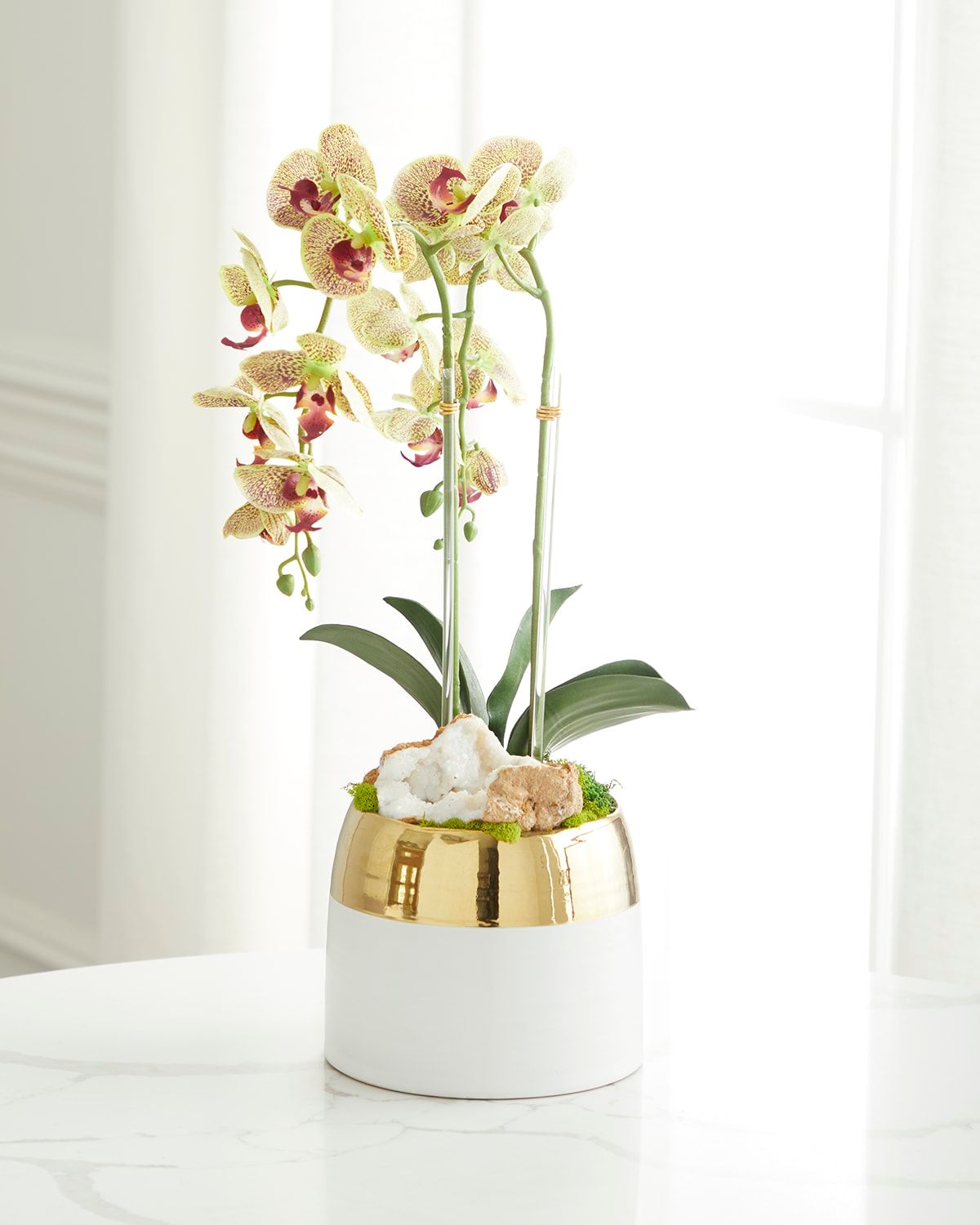 Double Orchid Faux Floral in Gold-Rimmed Ceramic Container - 22"