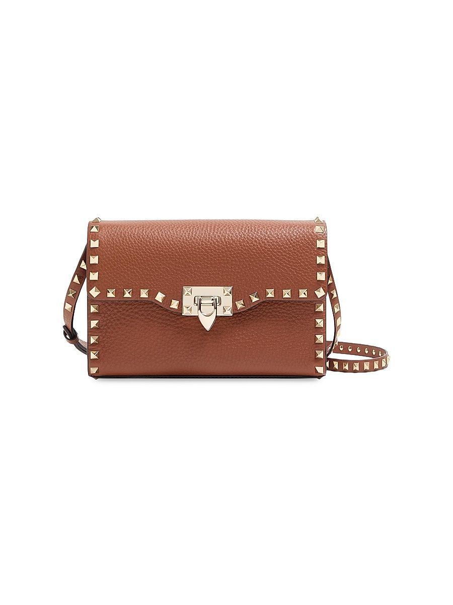 Women's Small Rockstud Grainy Calfskin Crossbody Bag - Saddle Brown
