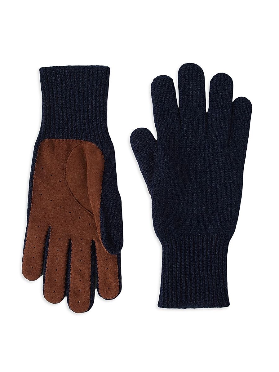 Men's Cashmere Knit Gloves with Suede Palm - Navy Blue - Size XL