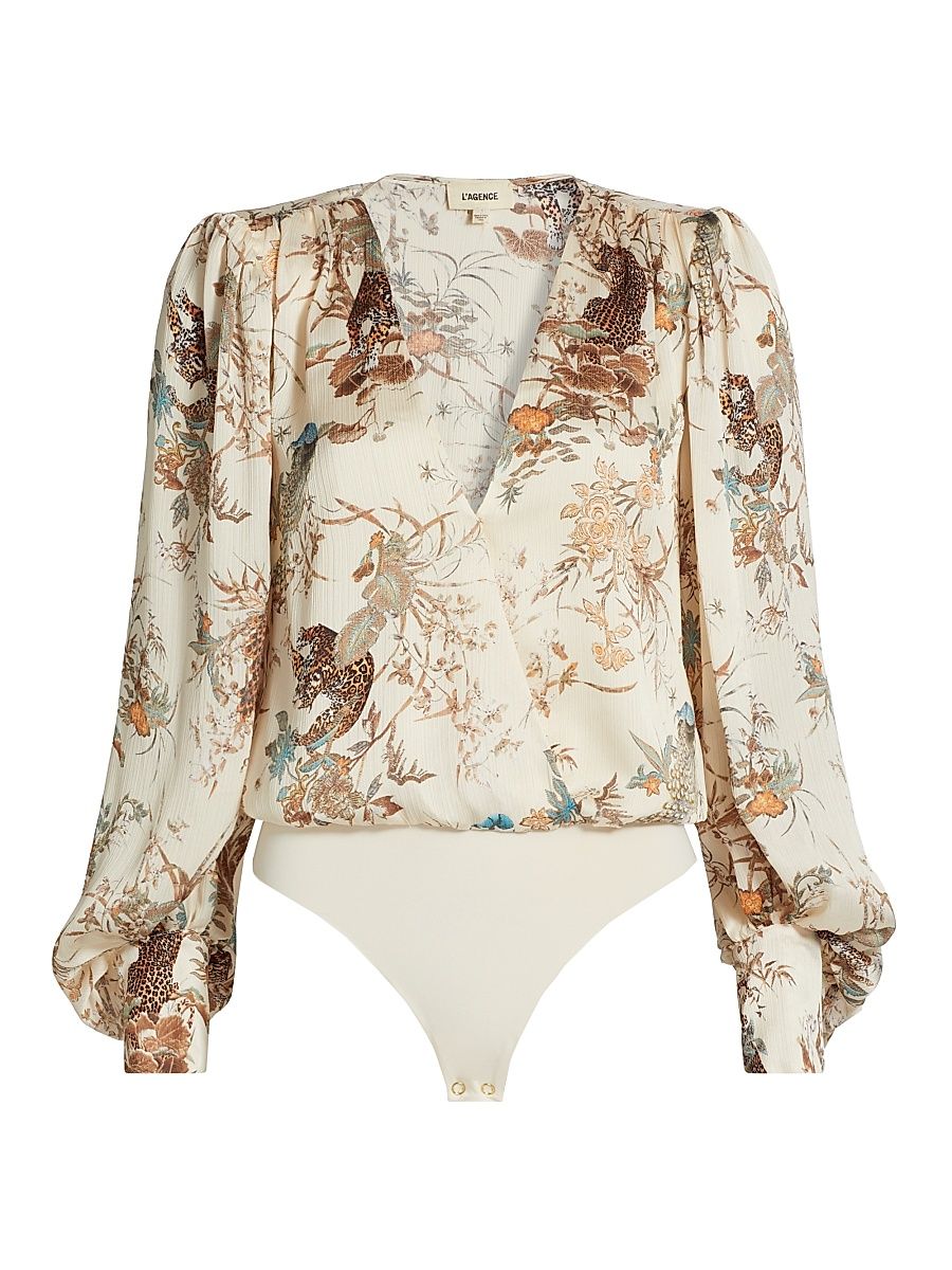 Women's Kyoto Printed Blouson-Sleeve Bodysuit - Ecru Multi Tapestry Jungle - Size XS