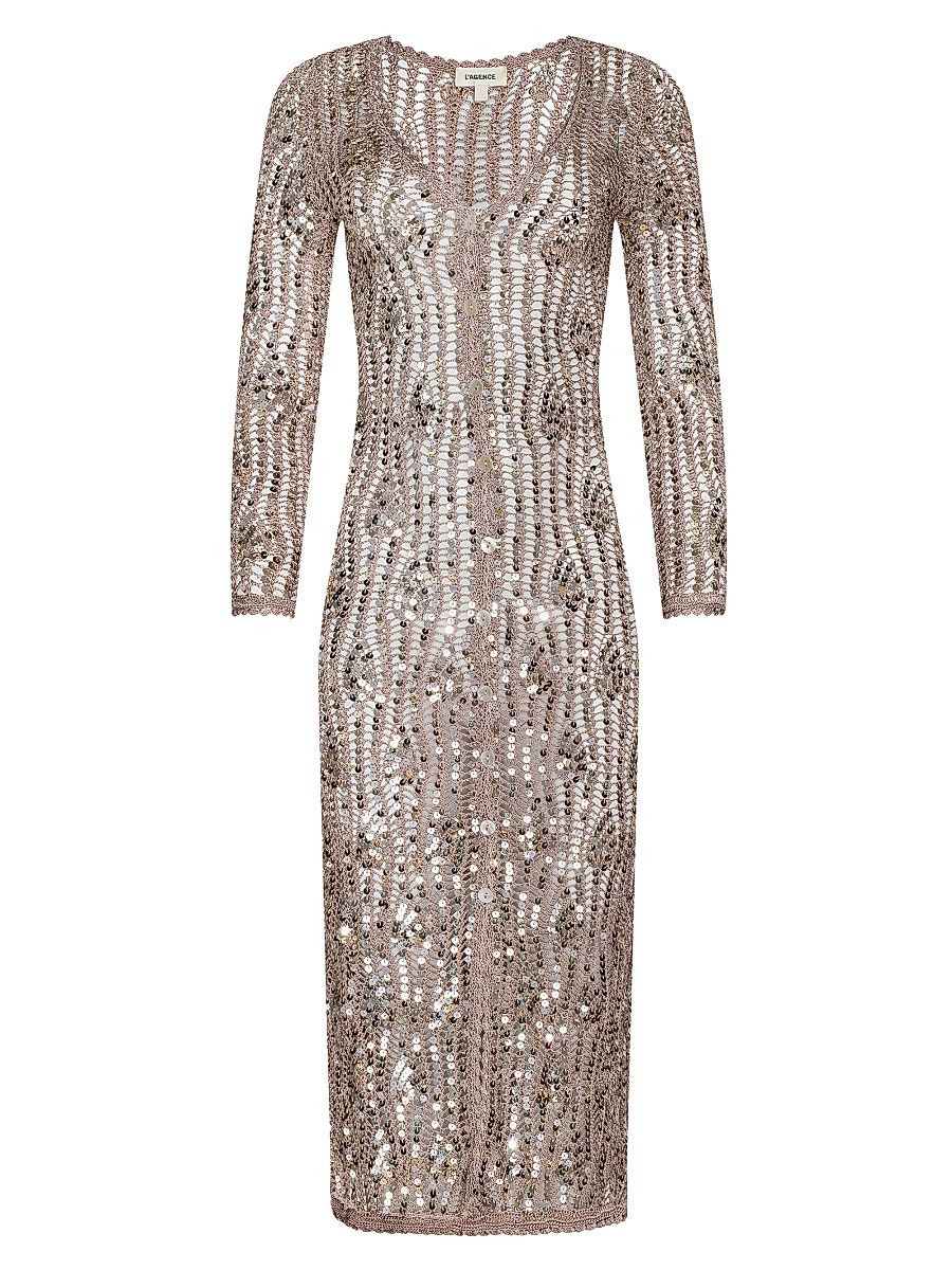 Women's Sanya Hand-Crochet Sequined Midi-Cardigan - Misty Rose Sequins - Size Large