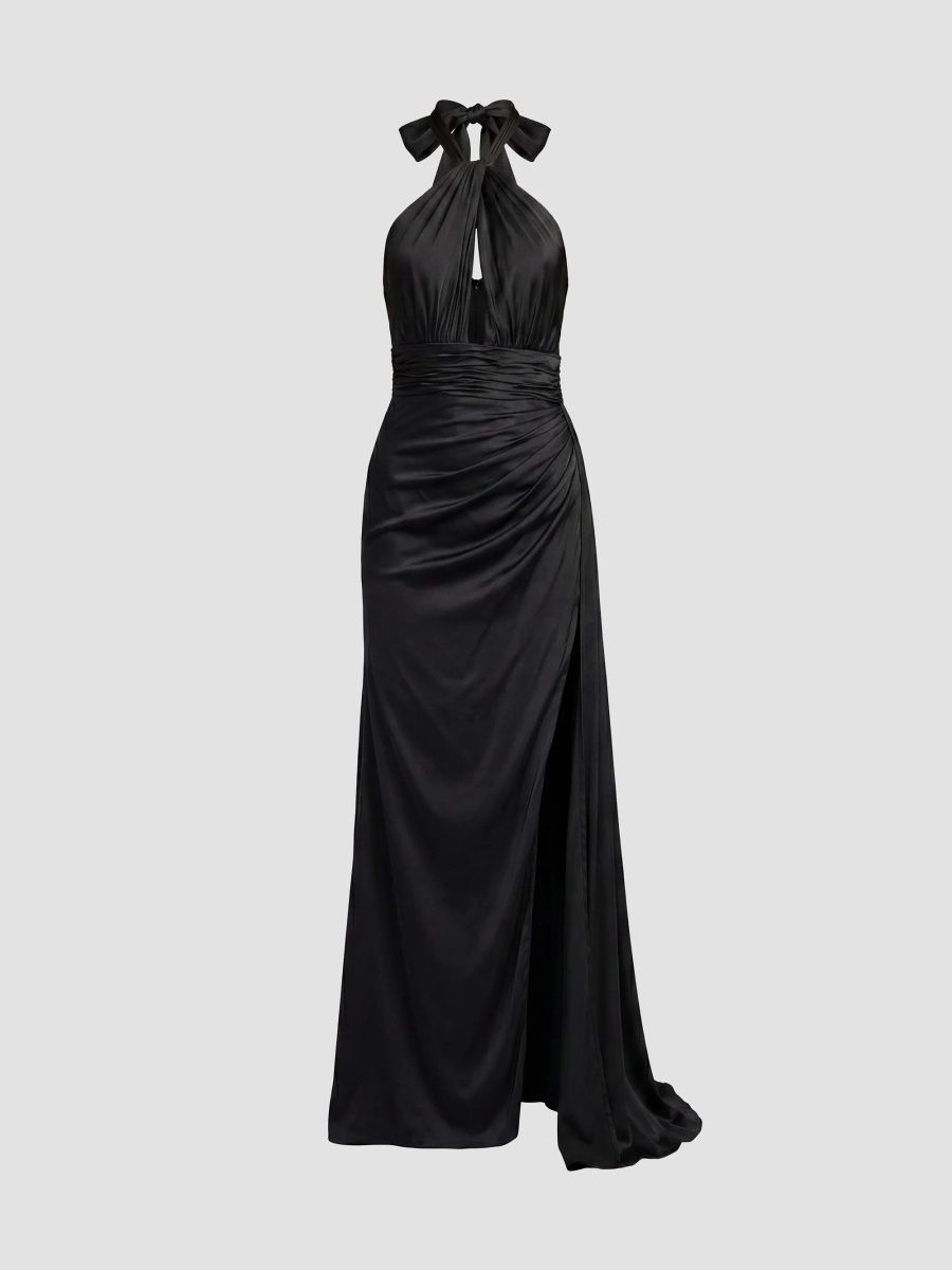 Mac Duggal Women's Satin Side-Slit Halter Gown - Black - Size 12