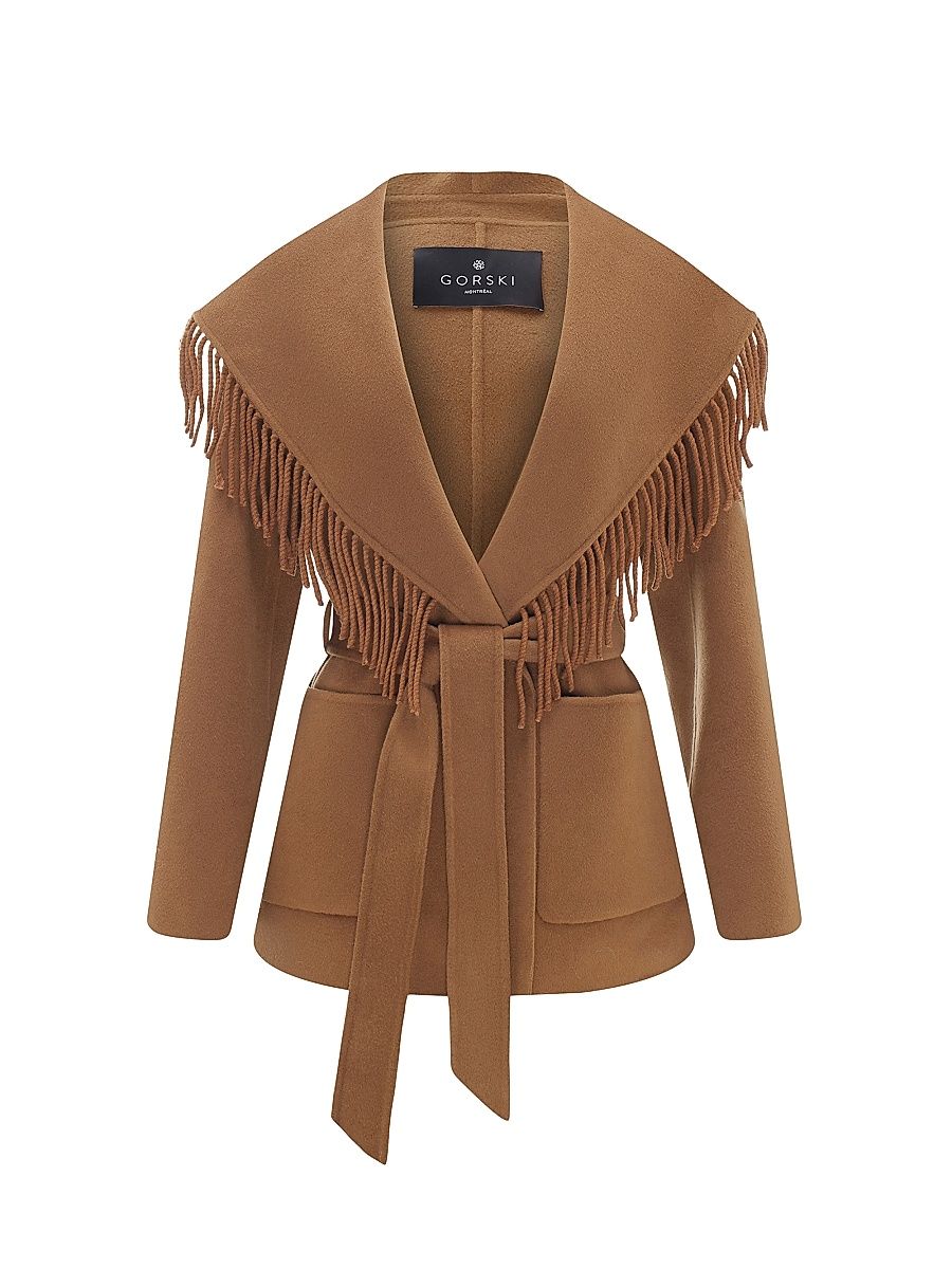 Gorski Women's Select Cashmere and Wool Blend Jacket with Tassle Trim and Belt - Camel - Size Medium