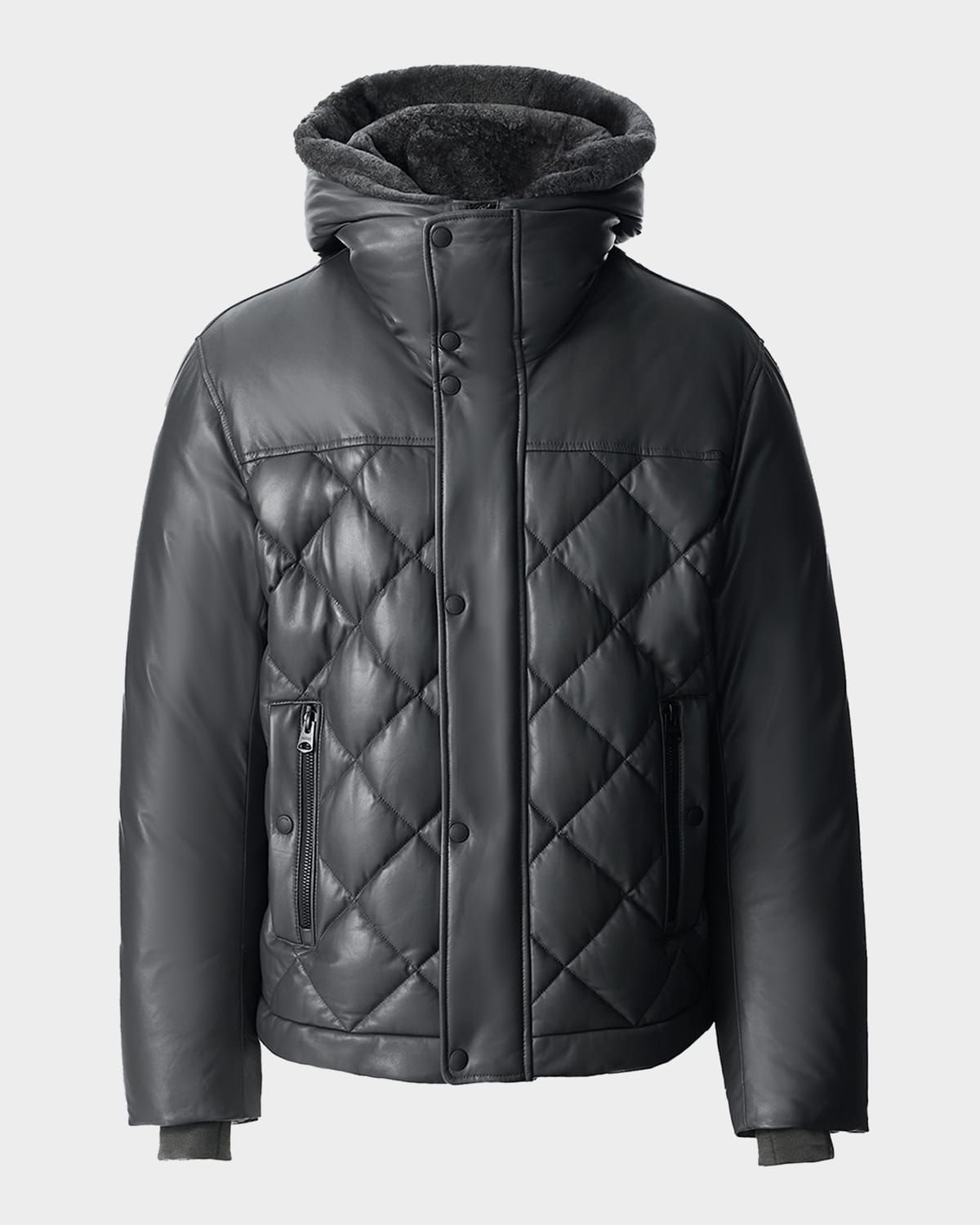Men & apos;s Cash Down Quilted Leather Jacket with Shearling Hood
