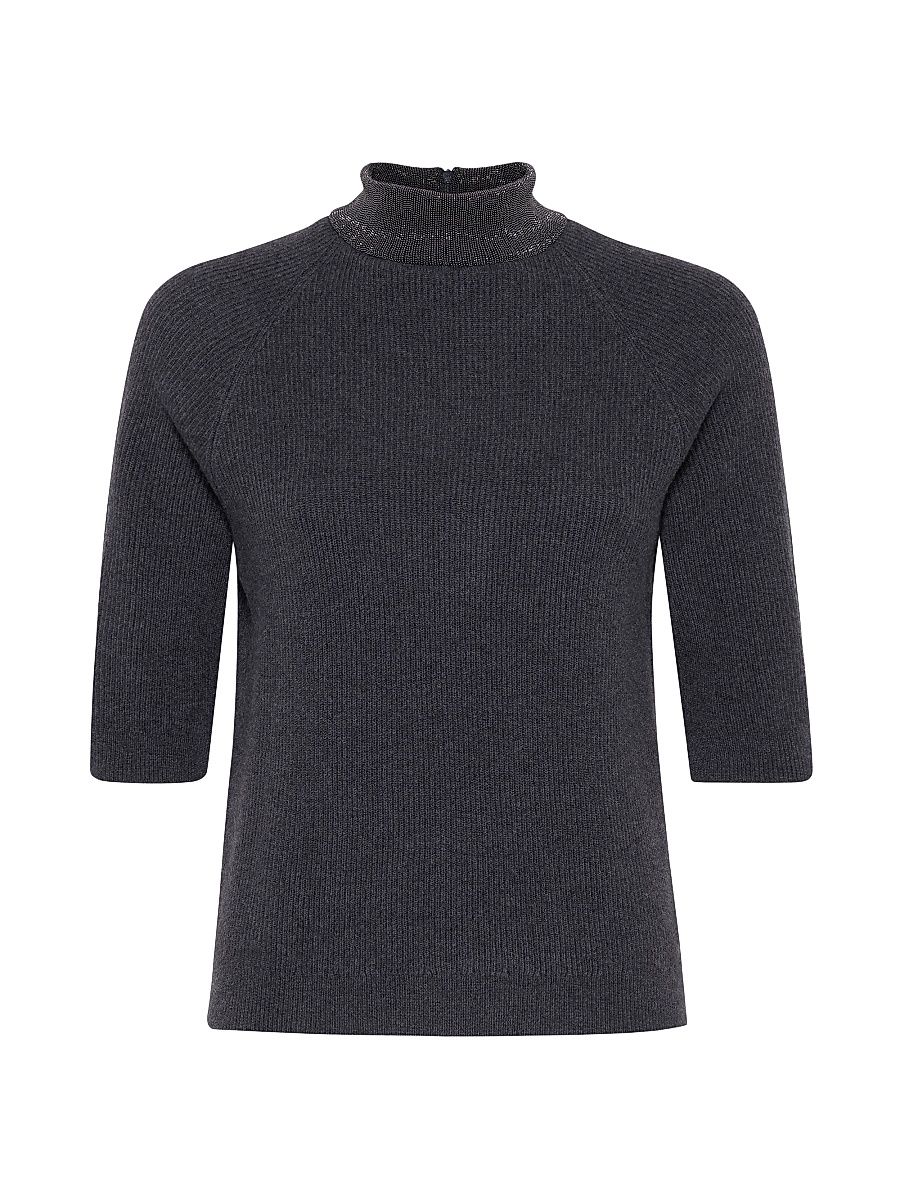 Women's Cashmere English Rib Sweater with Precious Ribbed Collar - Dark Grey - Size XXXXXL