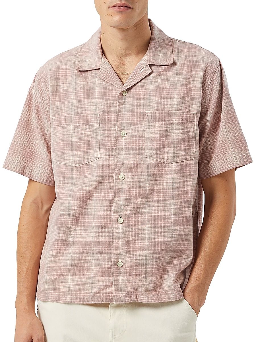 Men's Plaid Cotton-Linen Camp Shirt - Pink - Size Small