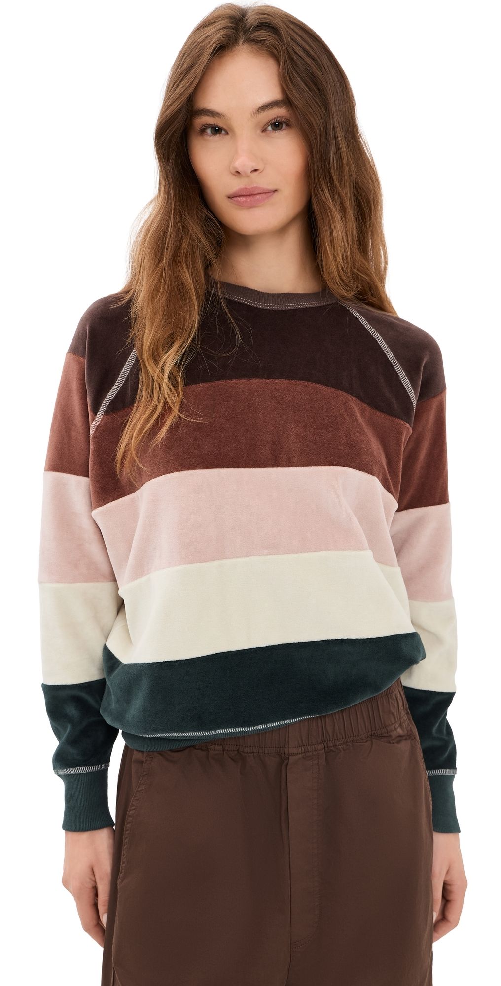 THE GREAT. The Pieced Stripe Velour College Sweatshirt Ravine Stripe 0