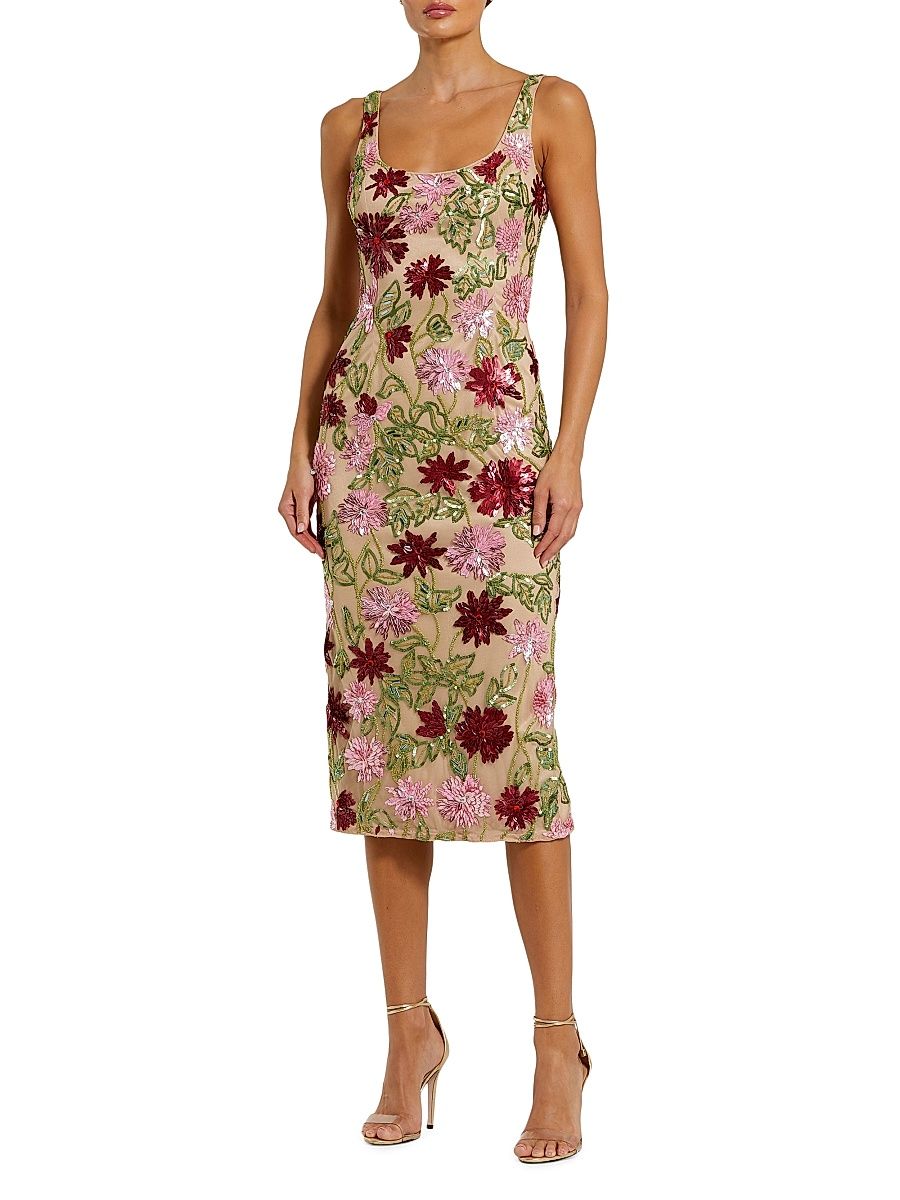 Women's Embellished Floral Mesh Scoopneck Midi-Dress - Beige Multi - Size 14