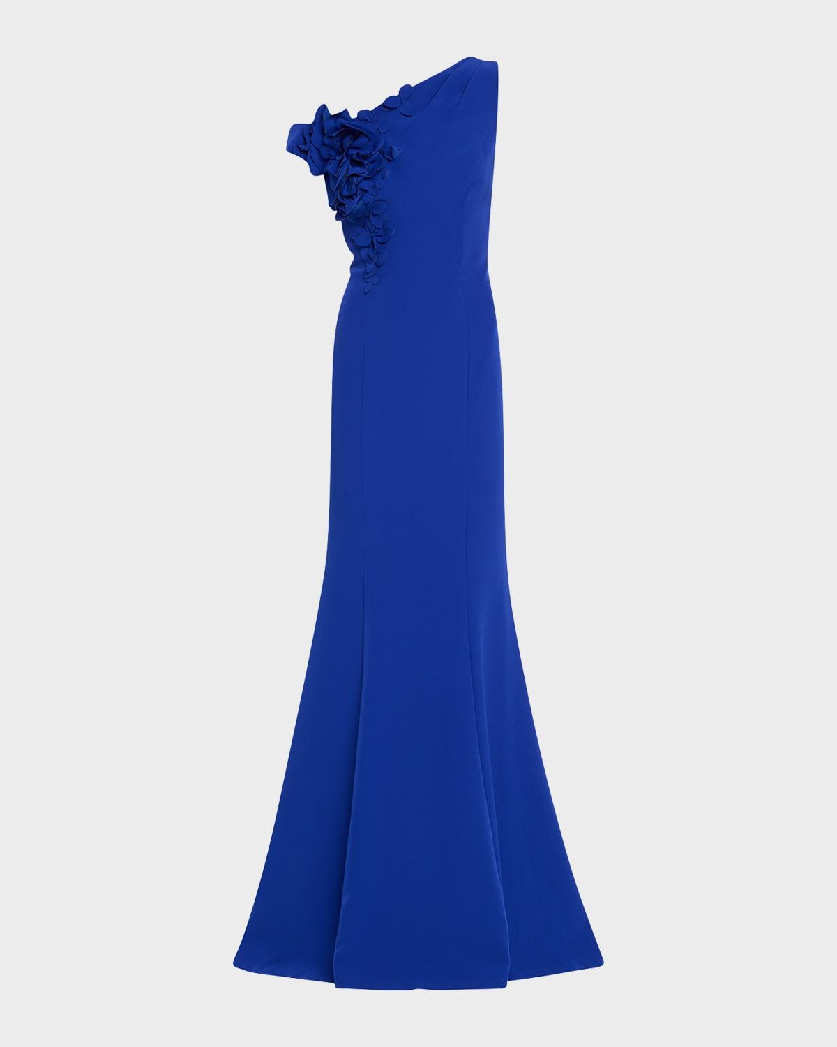 One-Shoulder Floral Applique Crepe Mermaid Gown