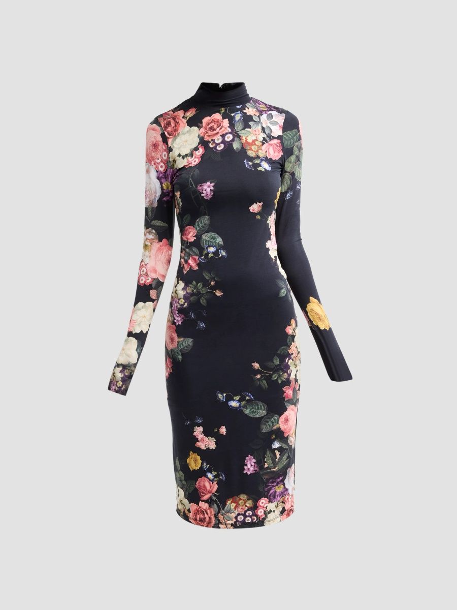 ALICE + OLIVIA Women's Delora Floral Jersey Turtleneck Midi Dress - Hollywood Dreams Black - Size 0