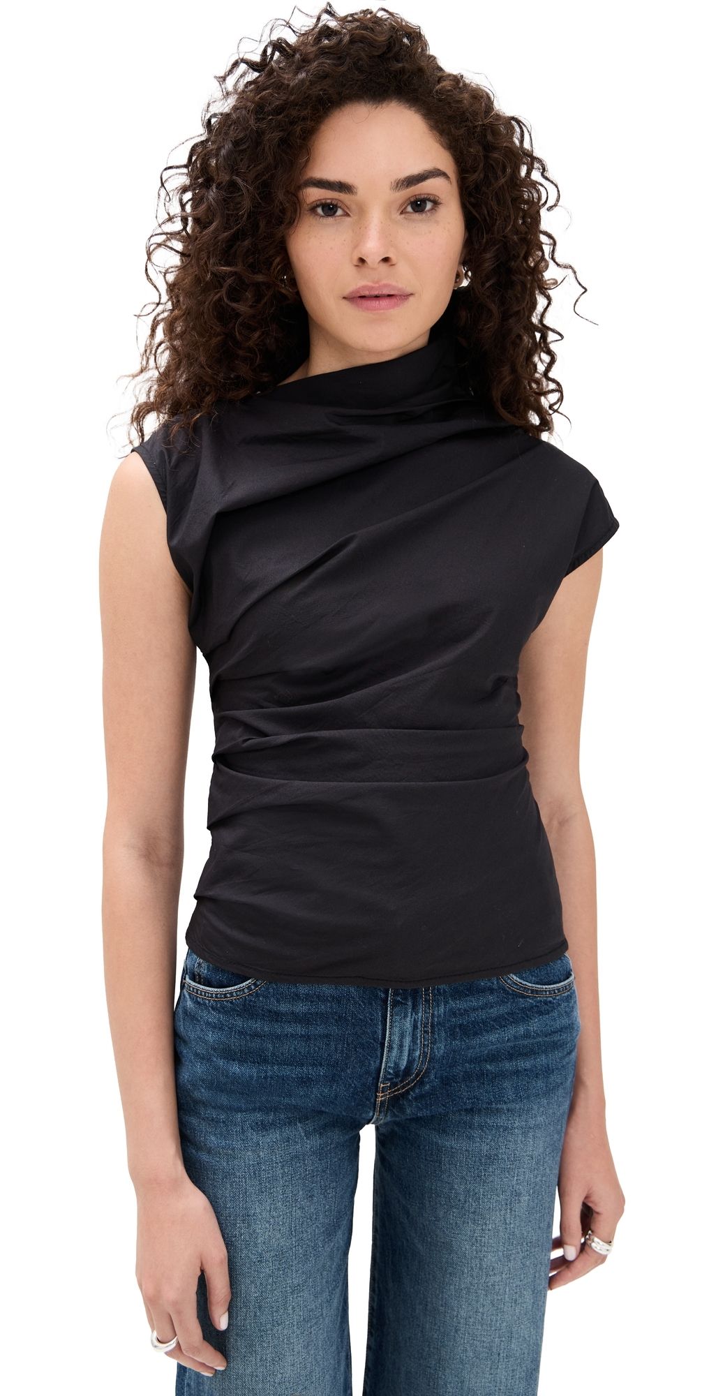 GANNI Stretch Cotton Ruched Top Black 32
