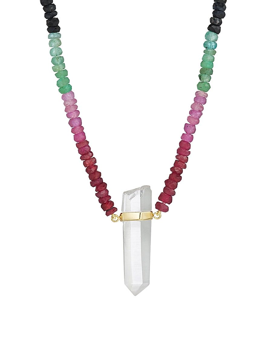 Women's Arizona 14K Yellow Gold, Dark Rainbow Sapphire & Crystal Quartz Pendant Beaded Necklace - Rainbow