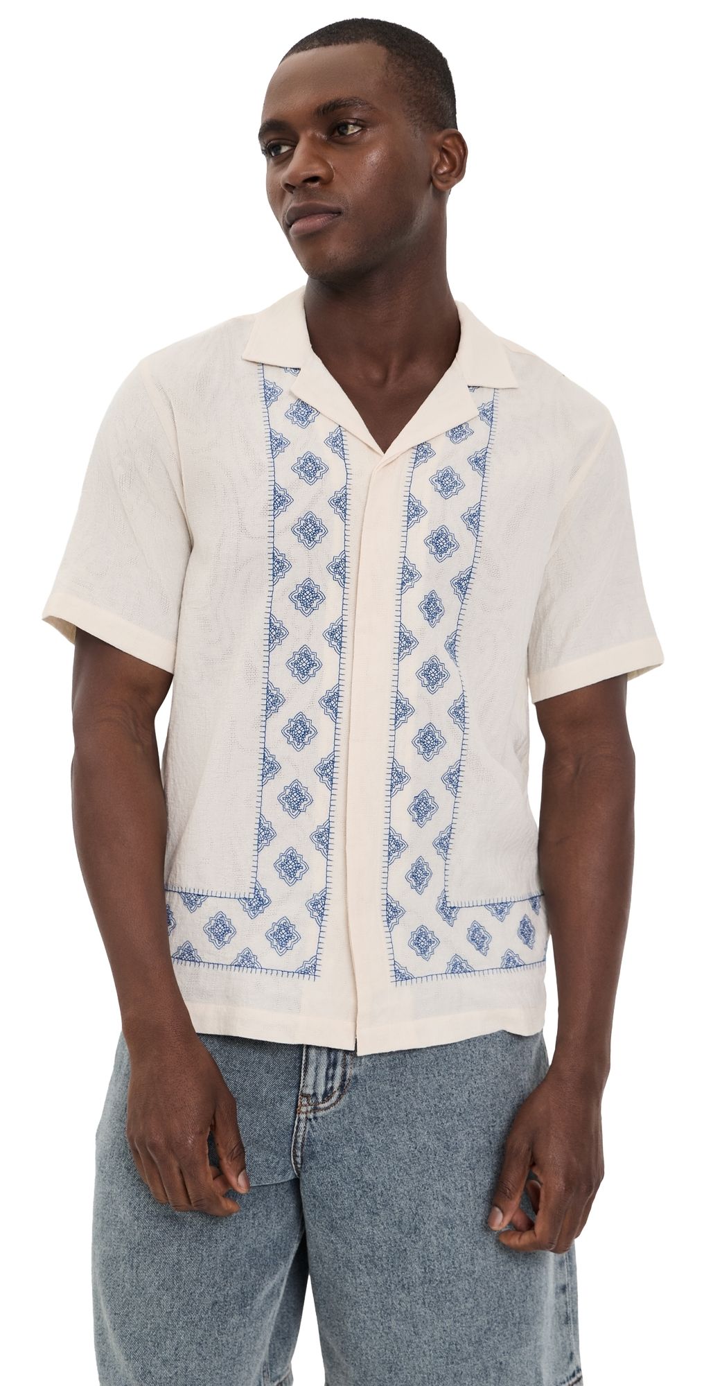 Orlebar Brown Maitan Carnival Embroidery Shirt White Sand/Nightfall Blue XL