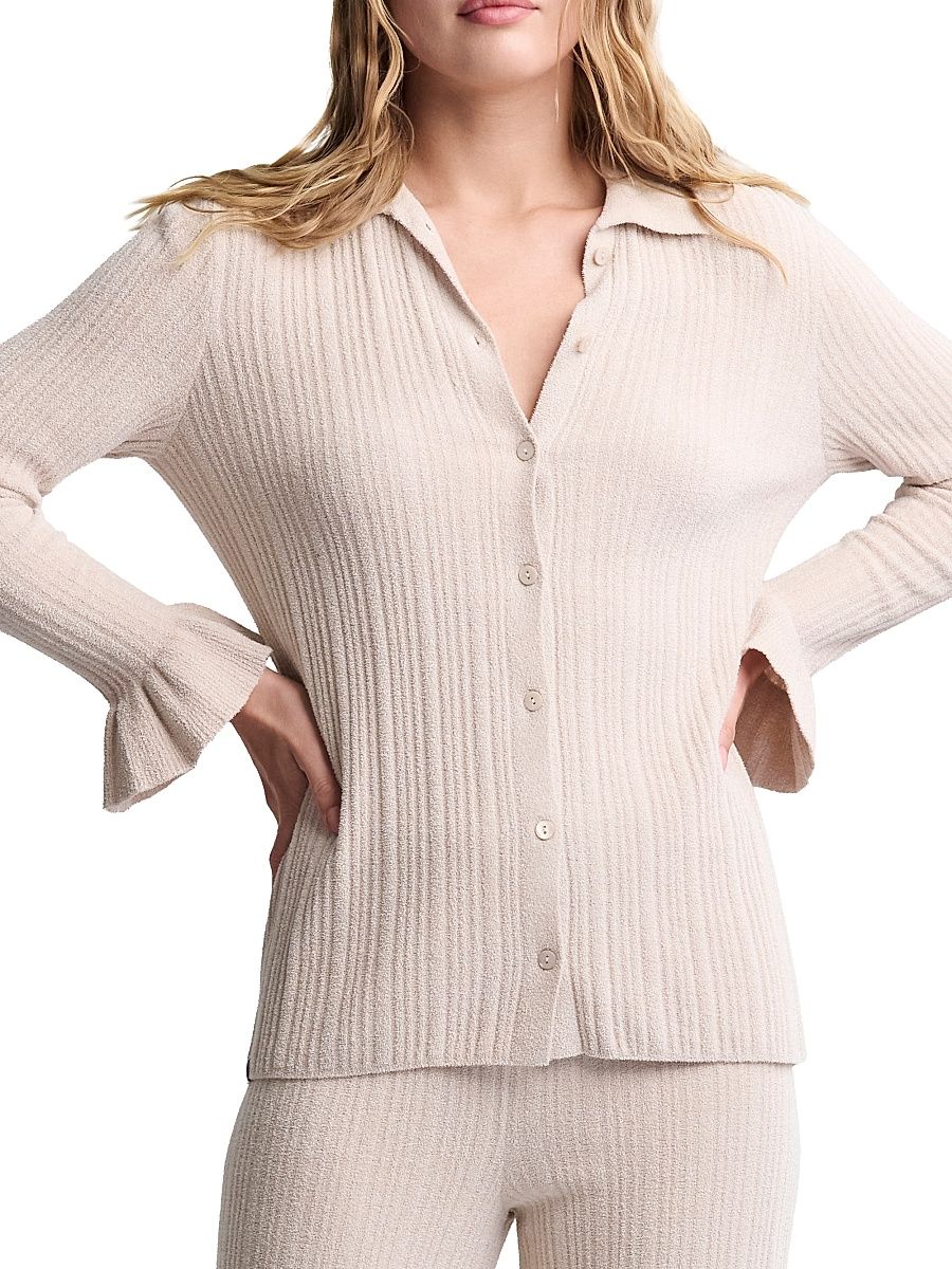 Women's CozyChic Ultra Lite Ribbed Ruffle Cuff Sweater - Stone - Size XS