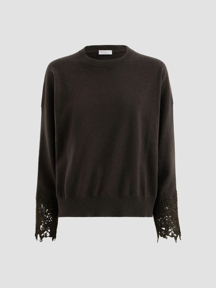 Brunello Cucinelli Women's Cashmere Sweater with Wispy Lace Cuffs - Coffee - Size XXXL
