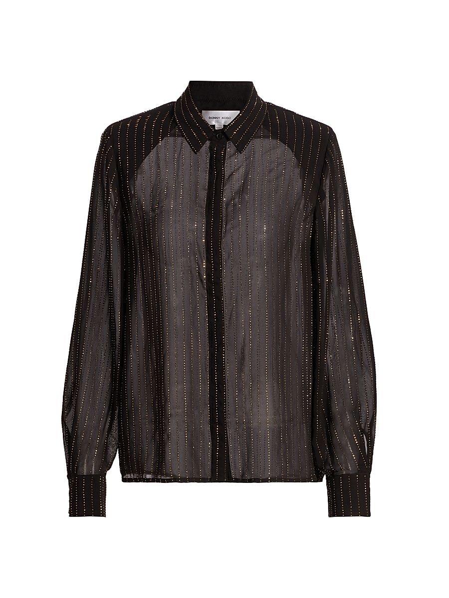 Women's Lune Crystal-Pinstriped Semi-Sheer Blouse - Black With Topaz Crystals - Size XL