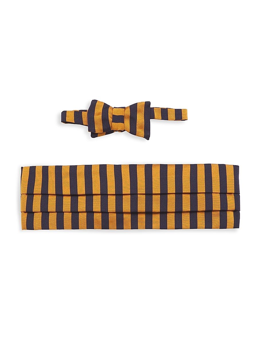 Men's Silk Striped Bow Tie & Cummerbund Set - Navy Orange