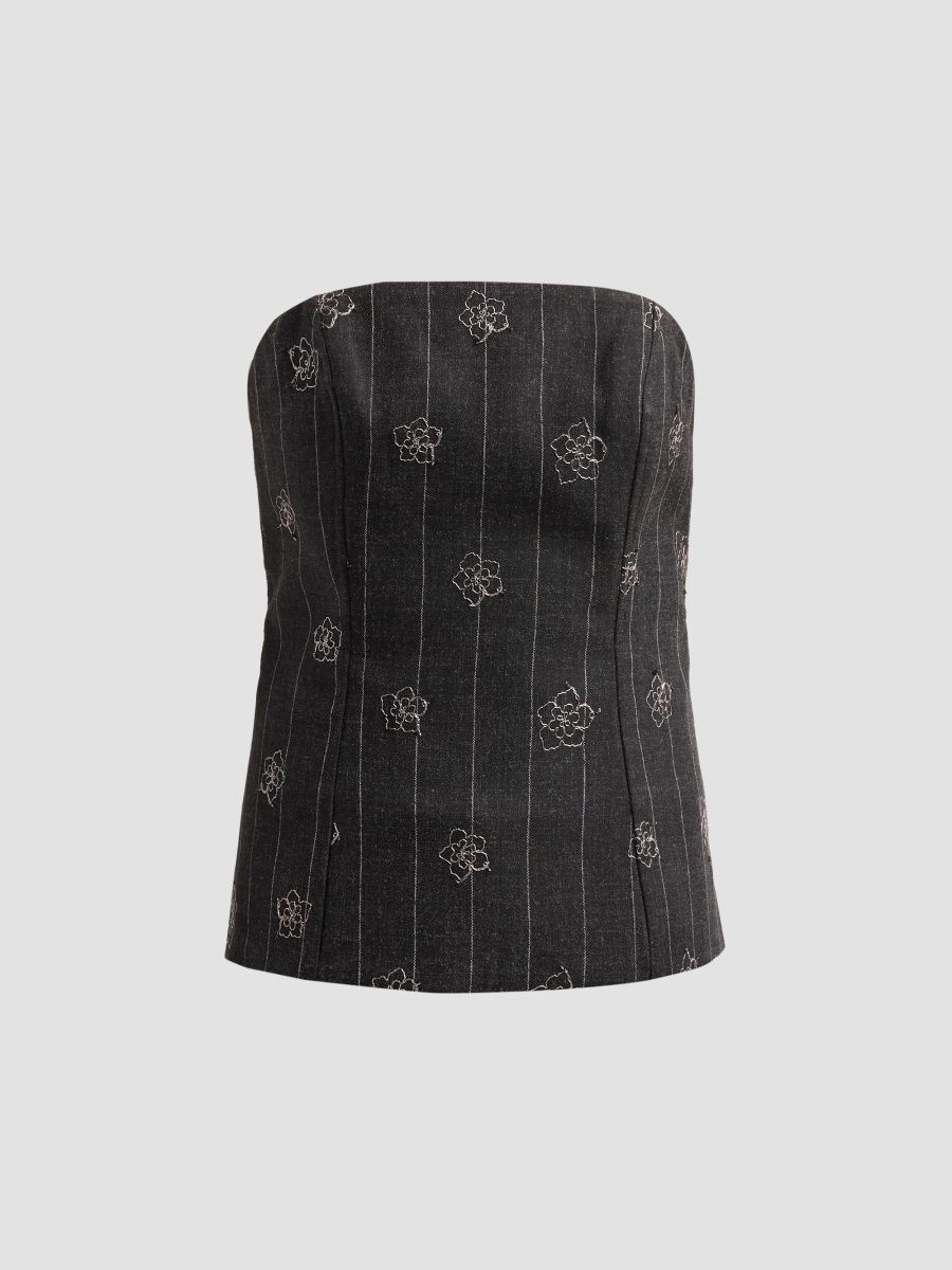 Milly Women's Aiden Embroidered Strapless Top - Black White - Size Large