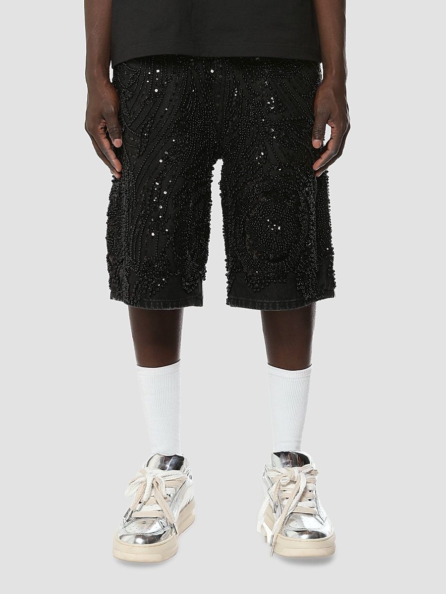 Men's Embellished Denim Shorts - Black - Size 40