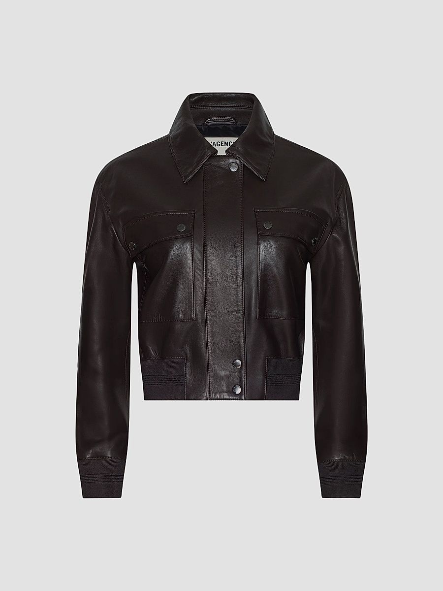 Women's Clotilde Leather Bomber Jacket - Brunette - Size XL