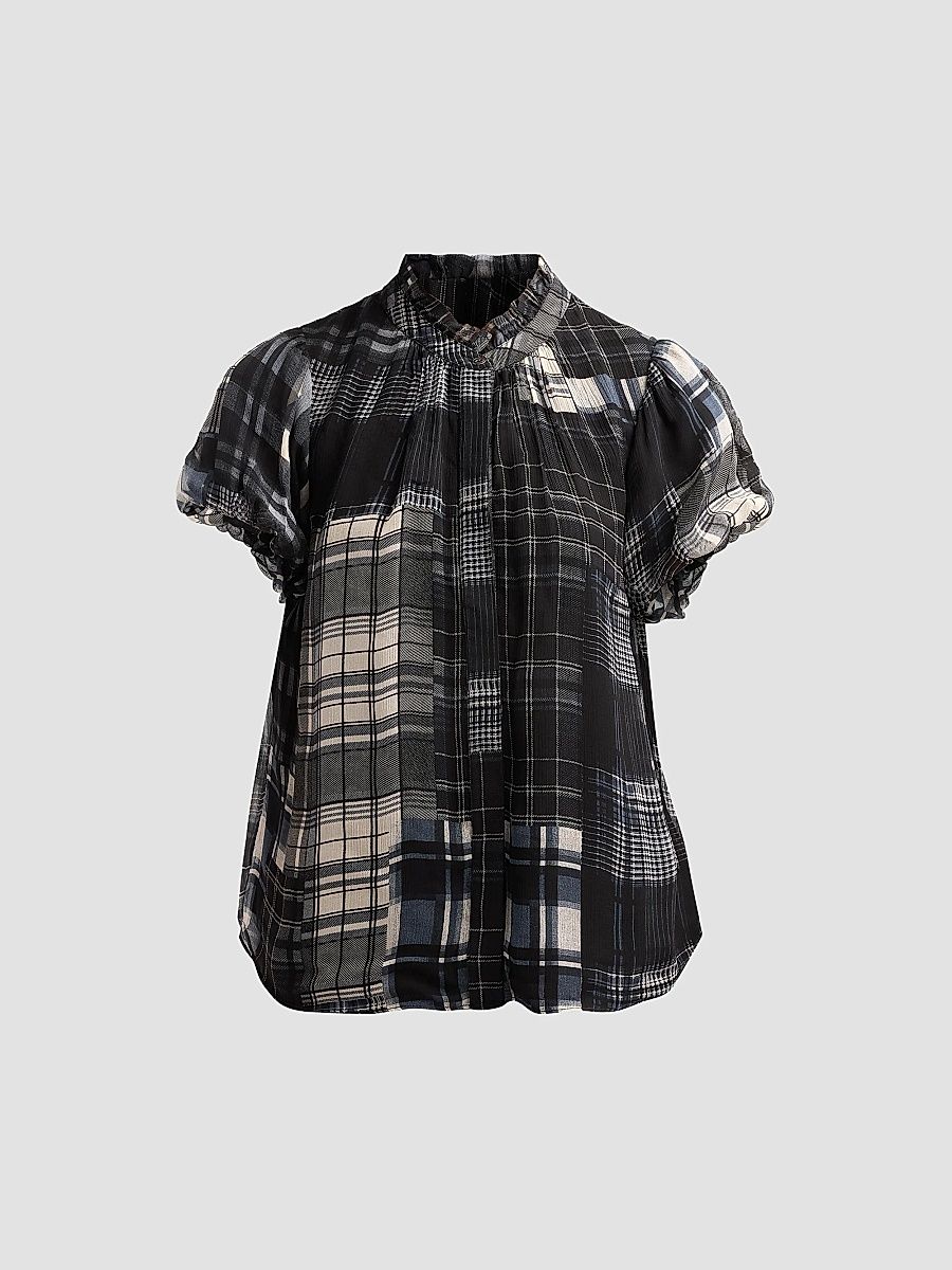 Women's Lacey Plaid Top - Black Plaid - Size Large