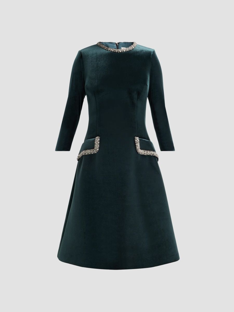 Teri Jon by Rickie Freeman Women's Embellished Velvet Cocktail Midi Dress - Forest - Size 8