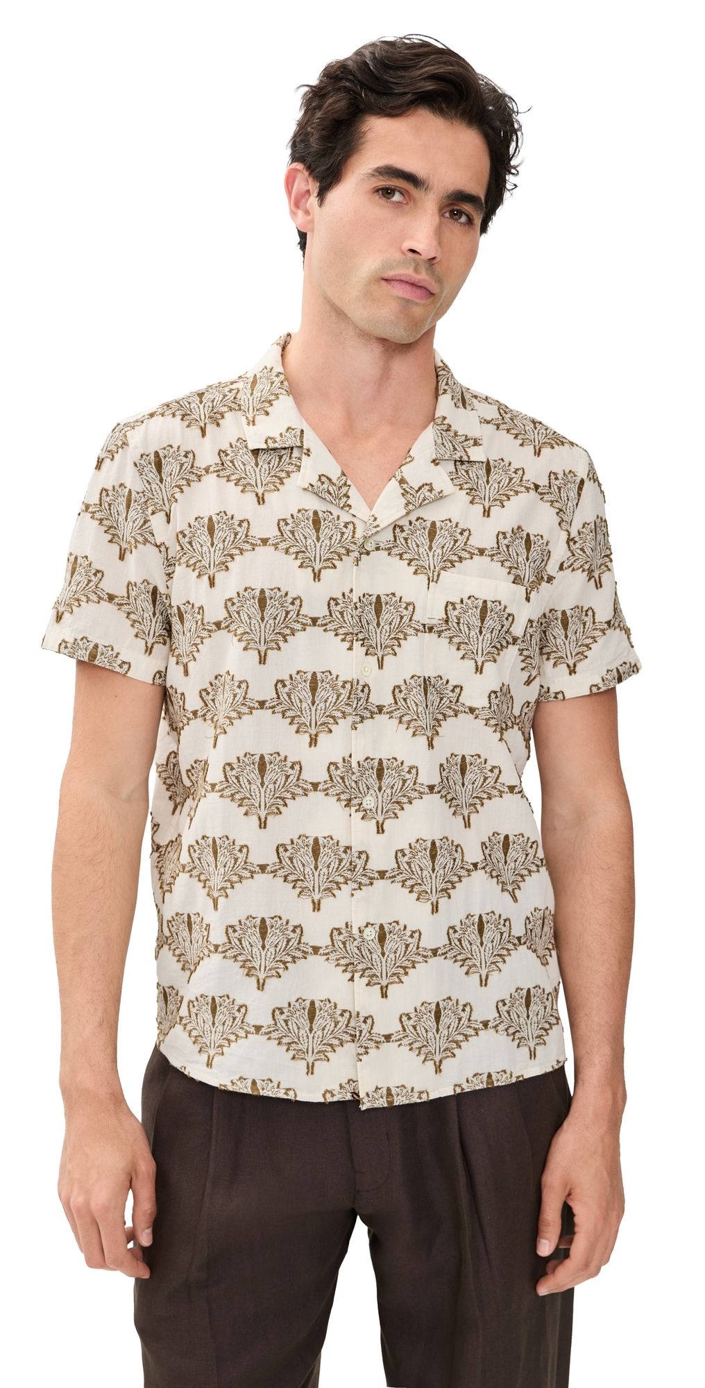 Billy Reid Short Sleeve Botanical Jacquard Camp Shirt Tinted White/Olive S