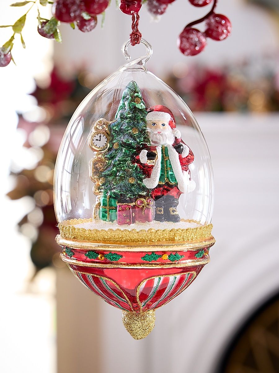Santa Clock & Christmas Tree Glass Ornament