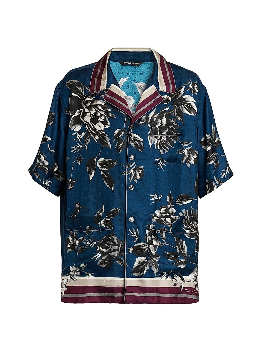 Men's Floral Silk Camp Shirt - Peonies Blue - Size 17.5