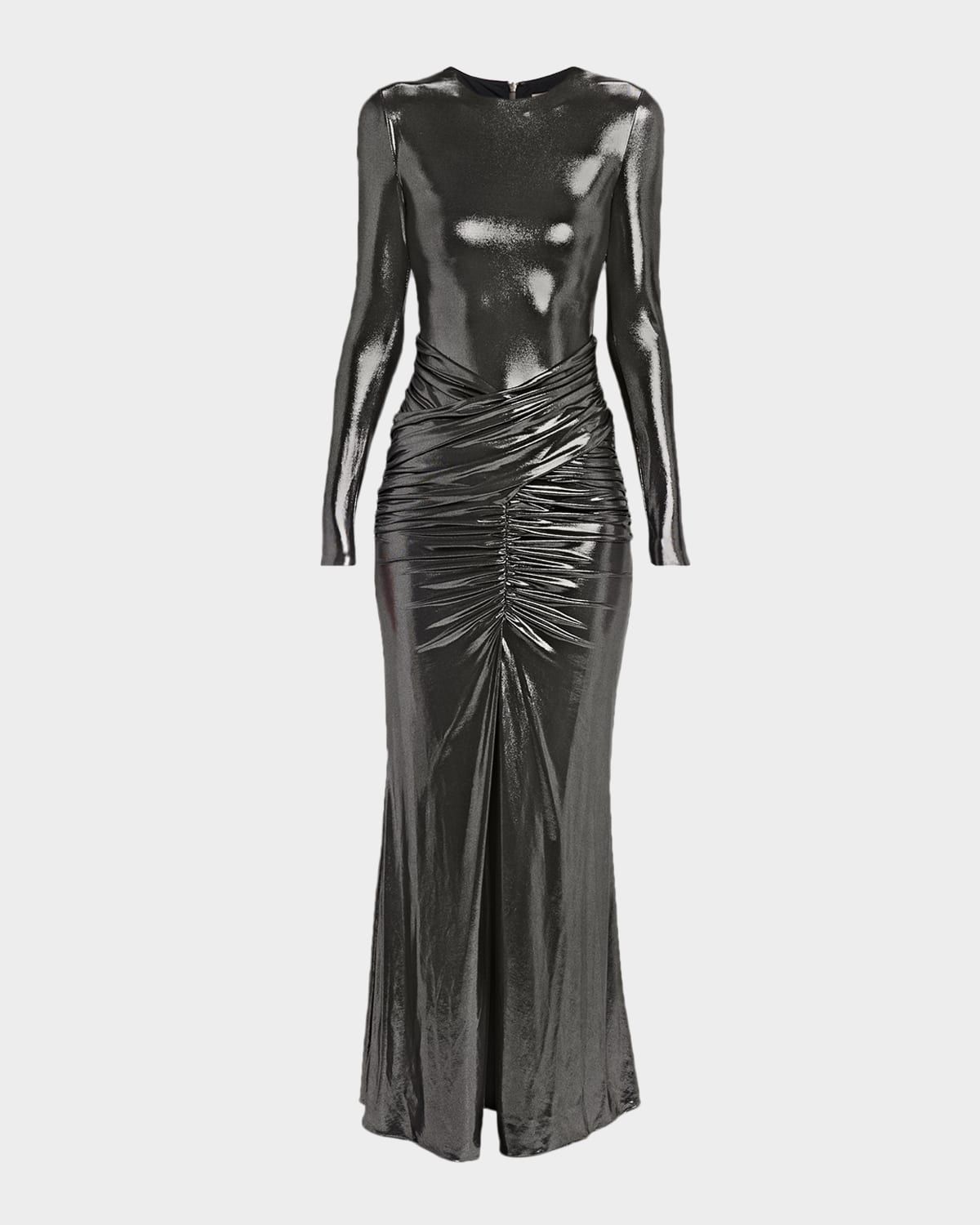 Stealla Metallic Ruched Long-Sleeve Gown