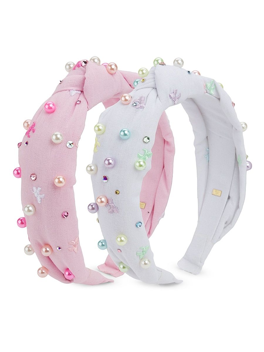 Bow Embellished Knot Headband Set - Pink White