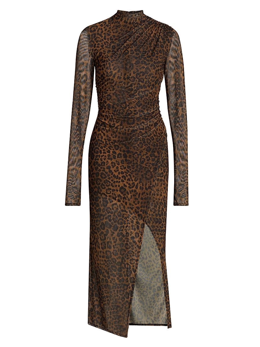 Women's Leopard Printed Mesh Draped Midi-Dress - Leopard - Size XL