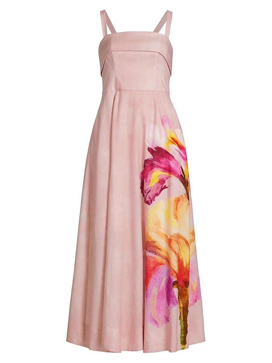 Women's Carmellia Floral Linen-Blend Midi-Dress - Lenia Rose Floral - Size 4