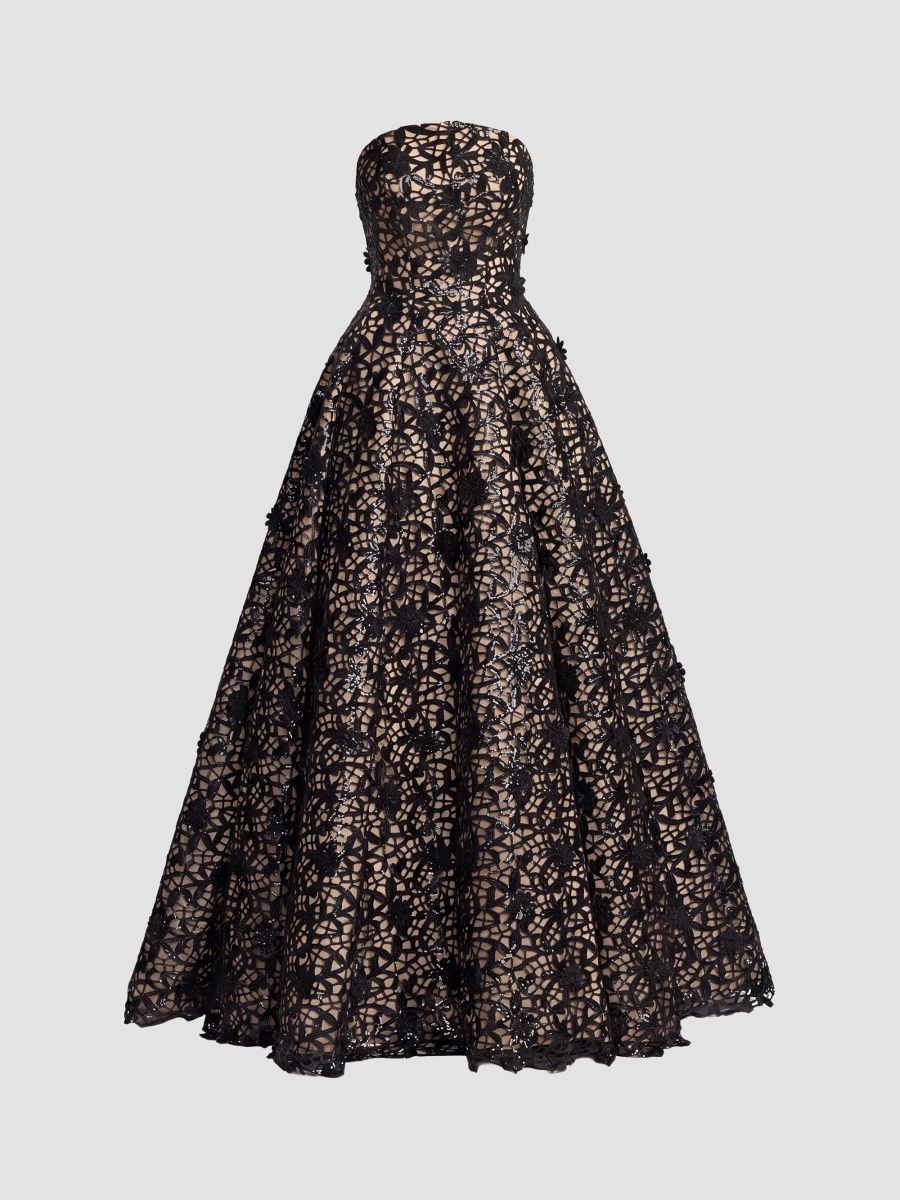 Mac Duggal Women's Sequined Floral Overlay Strapless Ballgown - Black Beige - Size 14