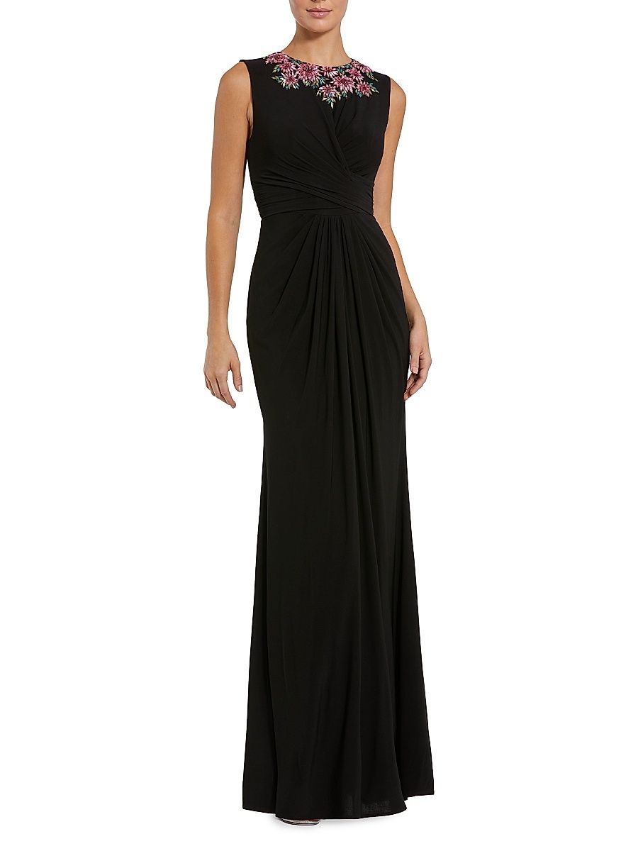 Women's Floral Embellished Twisted Jersey Gown - Black Multi - Size 14
