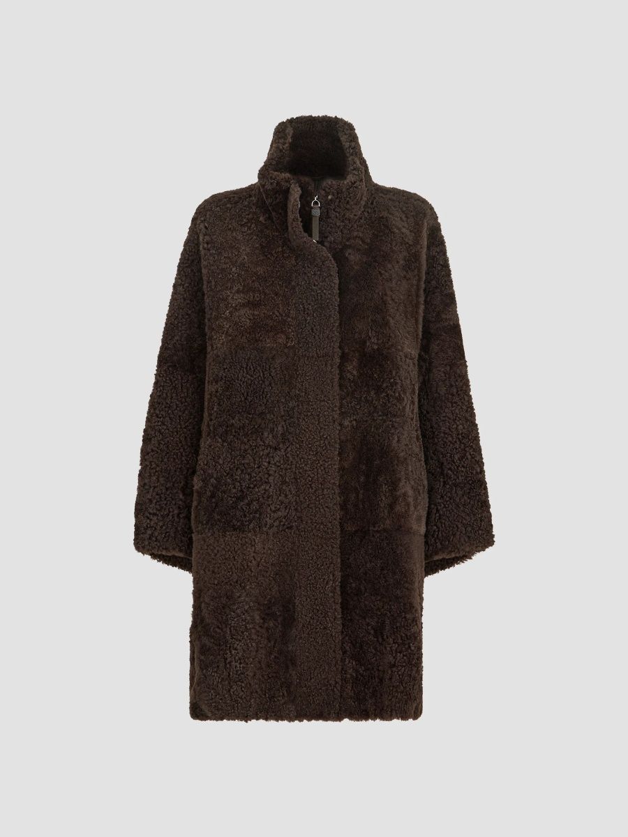 Brunello Cucinelli Women's Fuzzy Shearling Coat With Shiny Zipper Pull - Brown - Size 10