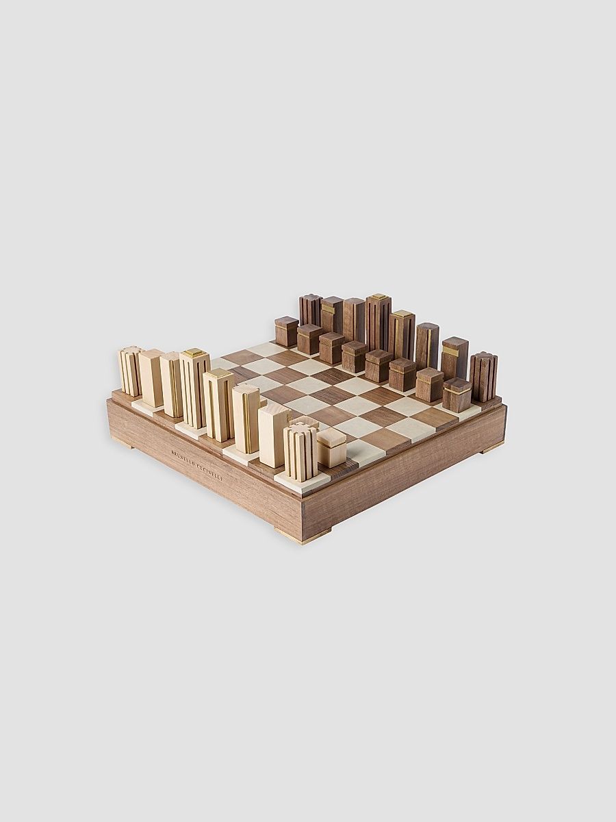Wood, Sandstone and Brass Chess Set - Hazelnut