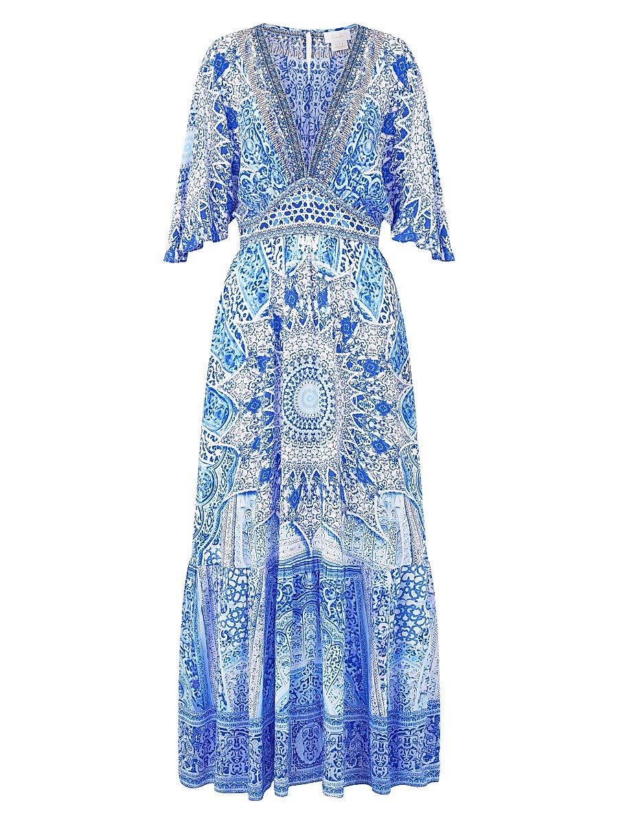 Women's Printed Silk Ruffle-Hem Maxi Dress - Blue Multi - Size Large