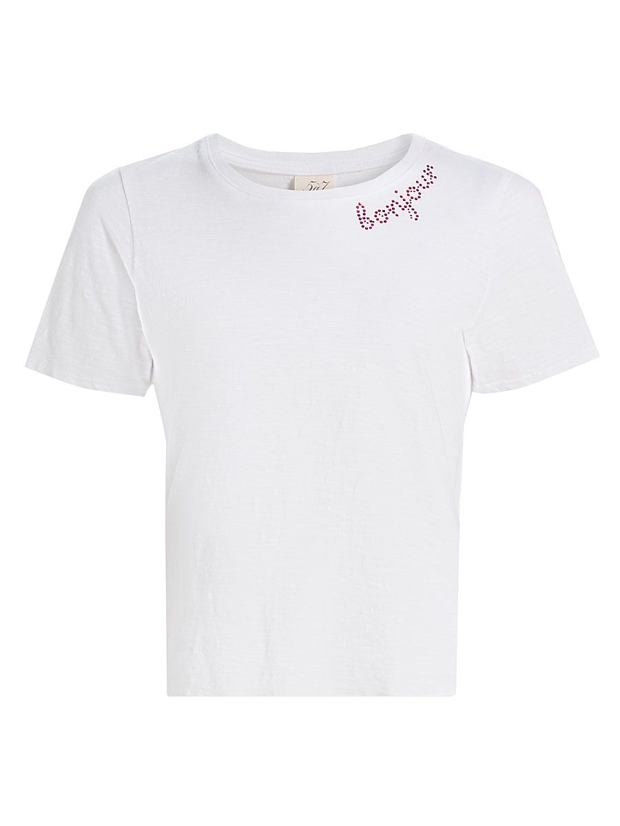 Women's Rhinestone Bonjour T-Shirt - White Goji Berry - Size XL